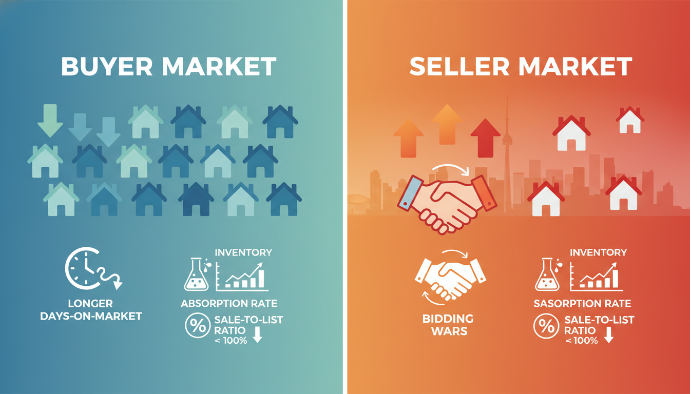Infographic split showing buyer market vs seller market indicators with Toronto skyline