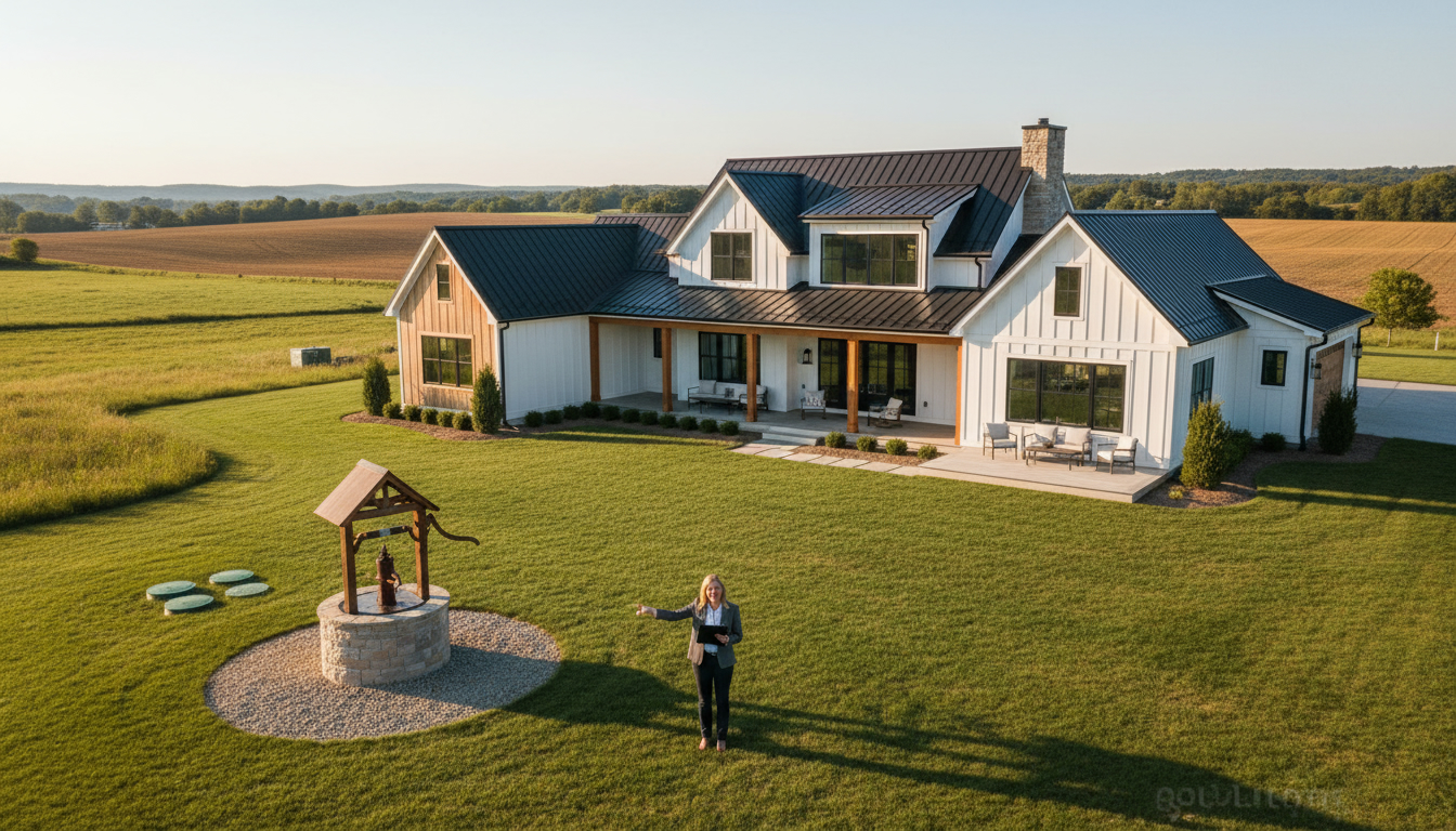 Luxury rural property with visible wellhead and septic access, realtor with clipboard