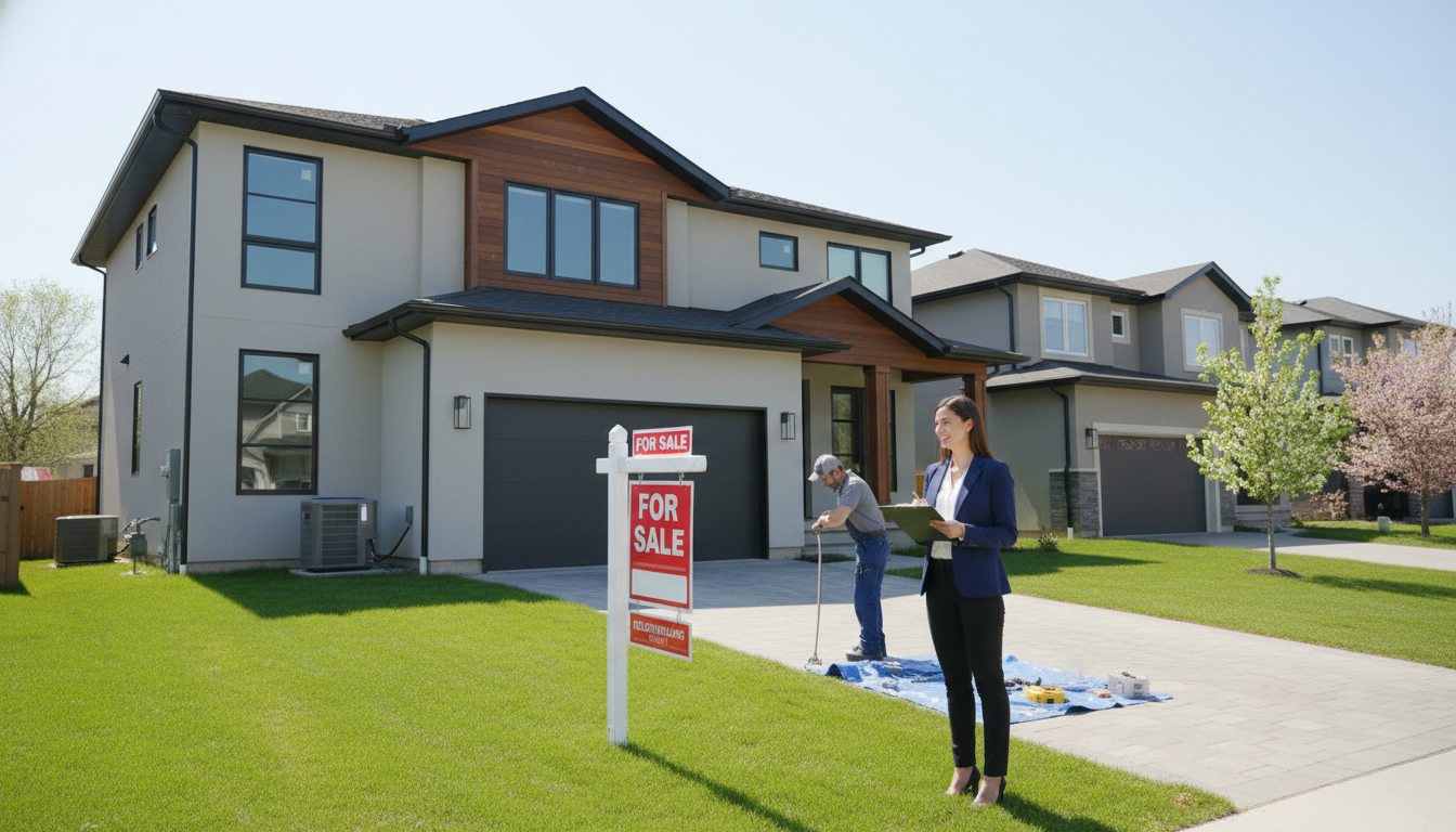 Realtor and HVAC technician outside a home installing an air conditioning unit next to a 'For Sale' sign.