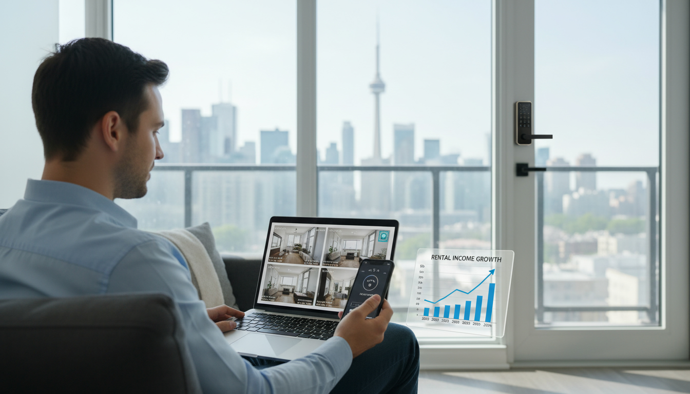 Landlord managing rental property remotely using laptop and smartphone with virtual inspection images and smart home devices visible.