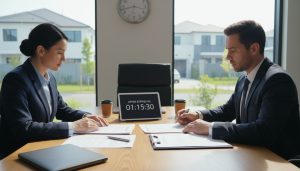 Real estate contract on a table with a clock and agents reviewing documents showing offer expiry
