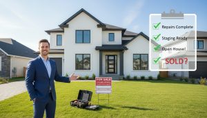 Suburban house with for sale sign, realtor pointing, and checklist overlay showing pre-listing repair tasks