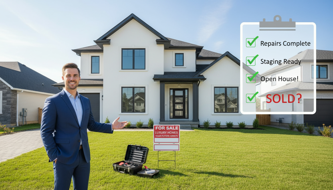 Suburban house with for sale sign, realtor pointing, and checklist overlay showing pre-listing repair tasks