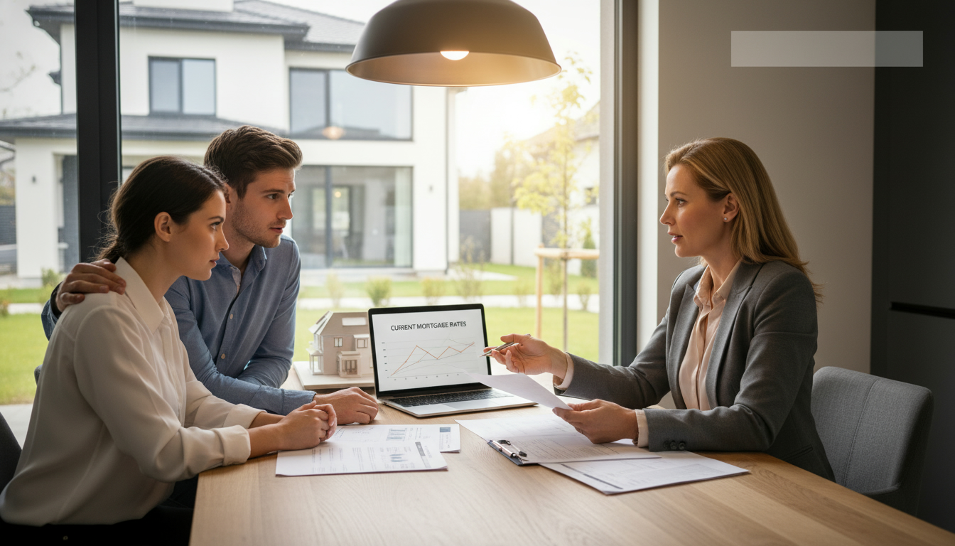 Realtor advising homeowners at a table with mortgage documents and a model house visible