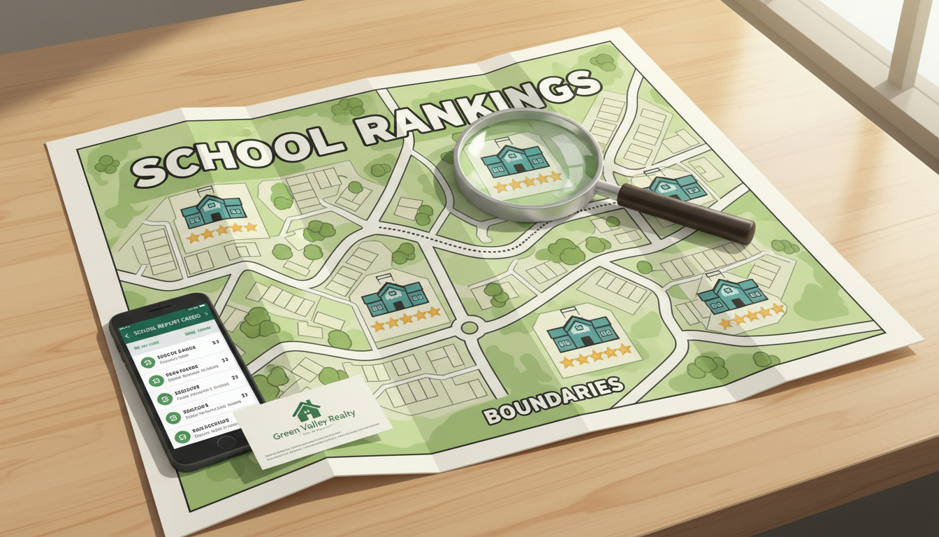 Map showing nearby schools with star ratings and a magnifying glass focusing on a school