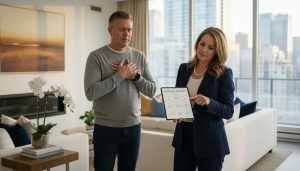 Realtor advising a relieved homeowner with a sale plan on a tablet in a bright living room