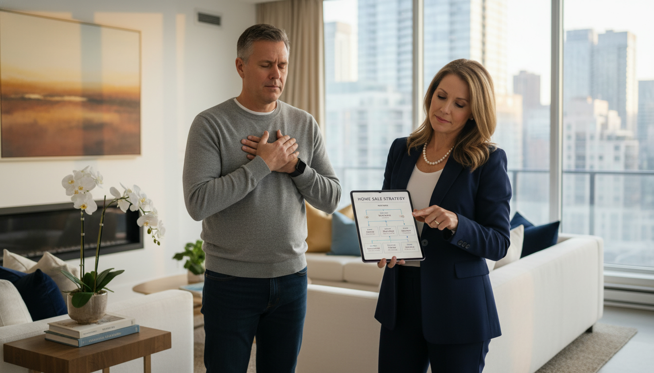 Realtor advising a relieved homeowner with a sale plan on a tablet in a bright living room
