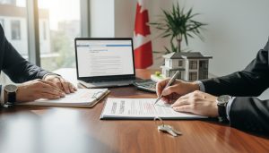 Seller's lawyer and realtor reviewing property sale documents, house model and keys on desk