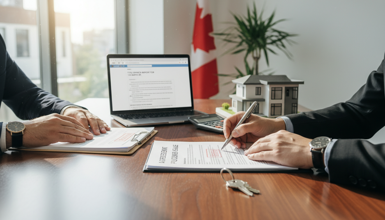 Seller's lawyer and realtor reviewing property sale documents, house model and keys on desk
