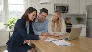 Real estate advisor reviewing title insurance documents with buyers at a kitchen table