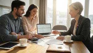 First-time home buyers reviewing RRSP and Home Buyers' Plan documents with a realtor