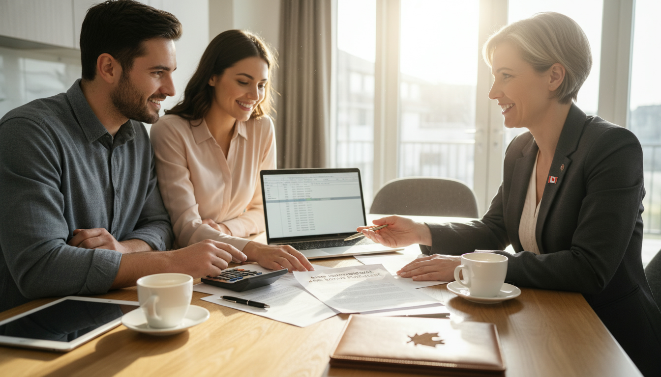First-time home buyers reviewing RRSP and Home Buyers' Plan documents with a realtor
