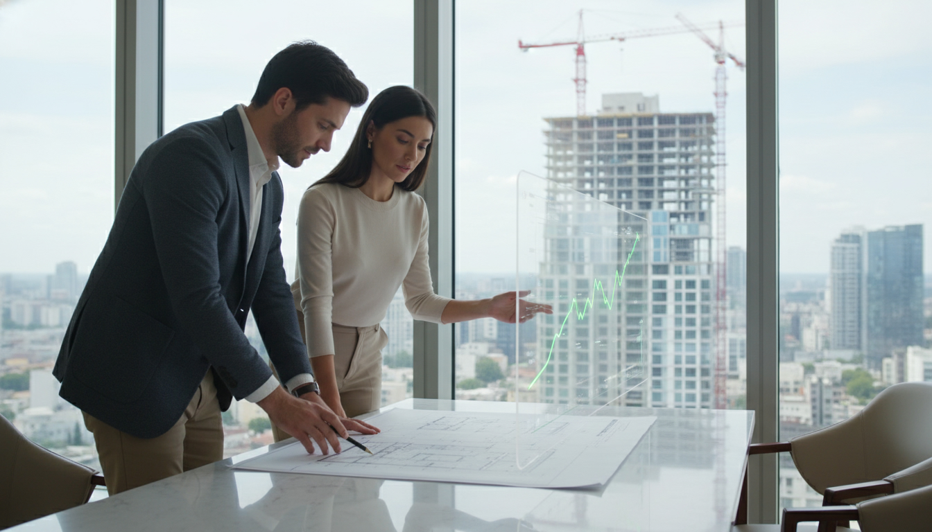 Investor and realtor reviewing pre-construction condo plans with upward graph overlay and city skyline under construction