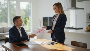 Real estate agent presenting a firm offer to seller with 'Firm Offer' stamp on paperwork in a modern kitchen.