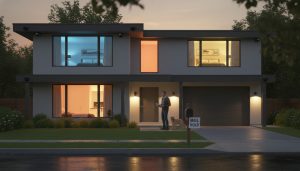 Suburban home at dusk with smart lights on, visible security cameras, and neighbor checking property
