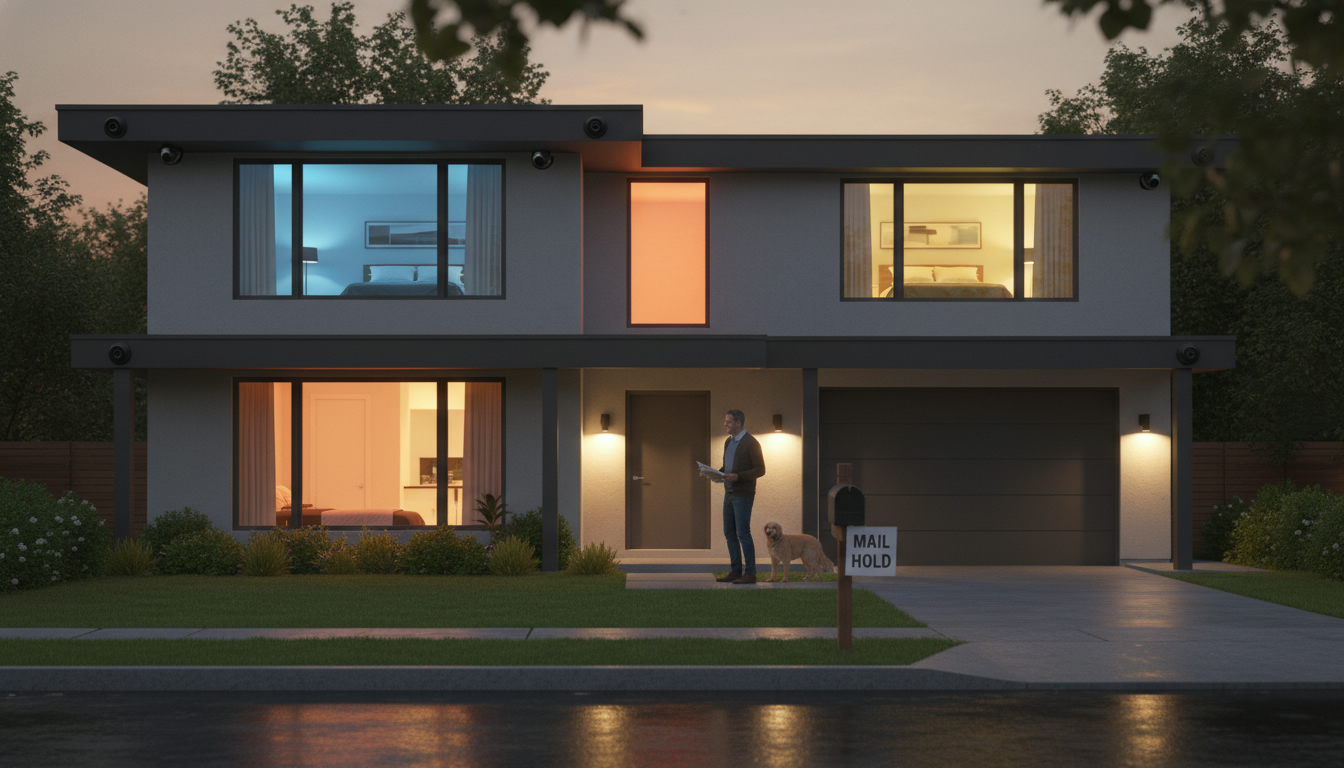 Suburban home at dusk with smart lights on, visible security cameras, and neighbor checking property