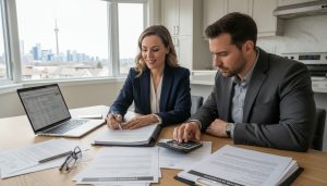 Realtor and buyer reviewing home inspection report and repair estimates at a kitchen table during negotiation