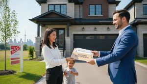 Real estate agent handing closing documents to homeowner outside Ontario house with For Sale sign