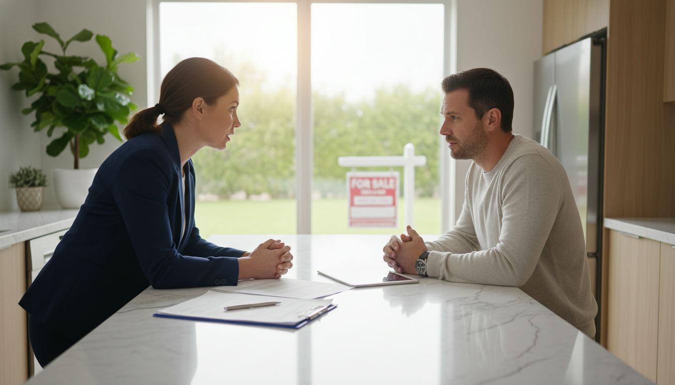 Realtor advising homeowner about cancelling a home sale with contract papers on the table and a 'For Sale' sign outside.