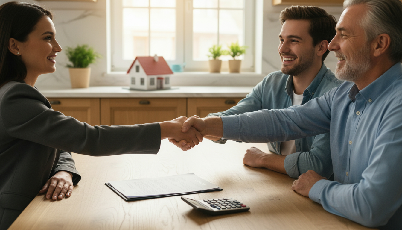 Realtor negotiating seller concessions at kitchen table with buyers and sellers, handshake over signed contract.