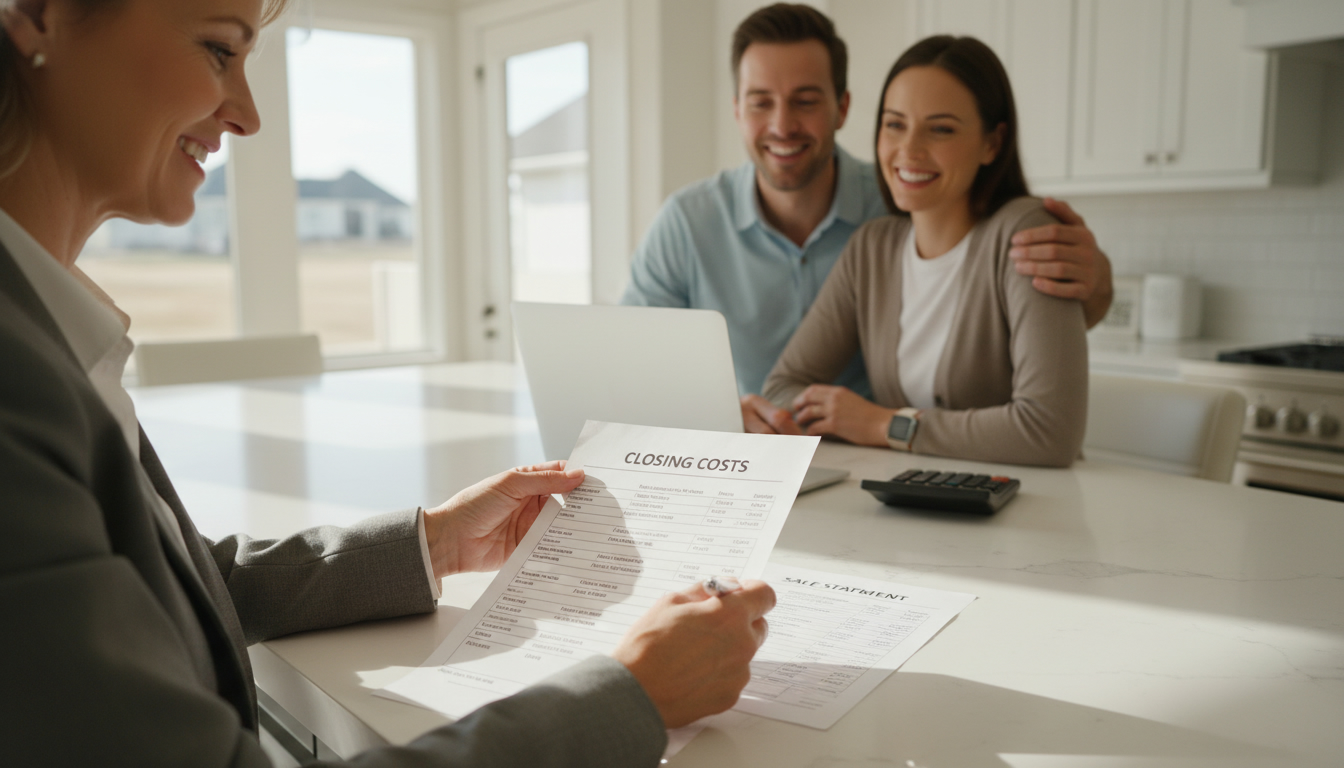 Realtor reviewing seller closing cost documents with homeowners and calculator