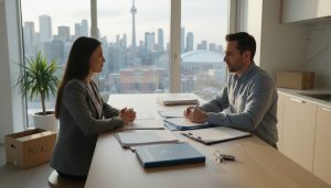 Realtor and buyer reviewing title report at kitchen table with moving boxes and keys.