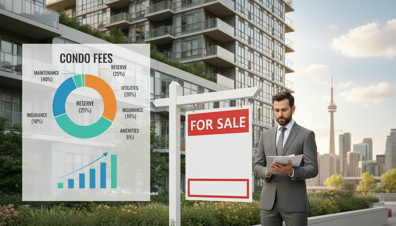 Modern condo building with for sale sign and infographic overlay showing condo fee breakdown