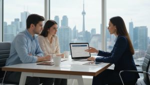 Realtor explaining mortgage calculations to a couple with laptop showing mortgage calculator and Toronto skyline in background
