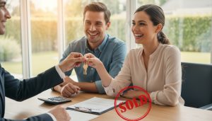 Realtor handing house keys to new homeowners at closing table with sale documents and SOLD sign