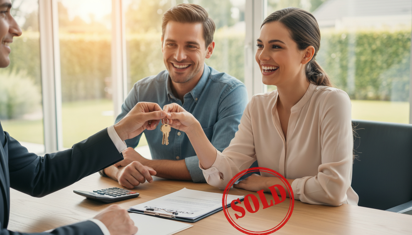 Realtor handing house keys to new homeowners at closing table with sale documents and SOLD sign