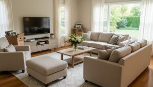 Inviting staged living room with warm light, fresh flowers, and packed boxes in background