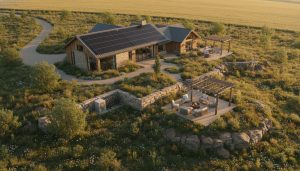 Luxury rural eco-friendly home with solar panels, native landscaping and drone view at golden hour