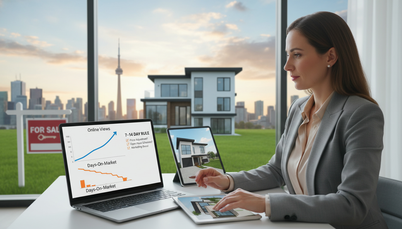 Real estate agent analyzing pricing charts with for sale sign and house in background, showing graphs of online views and days on market.