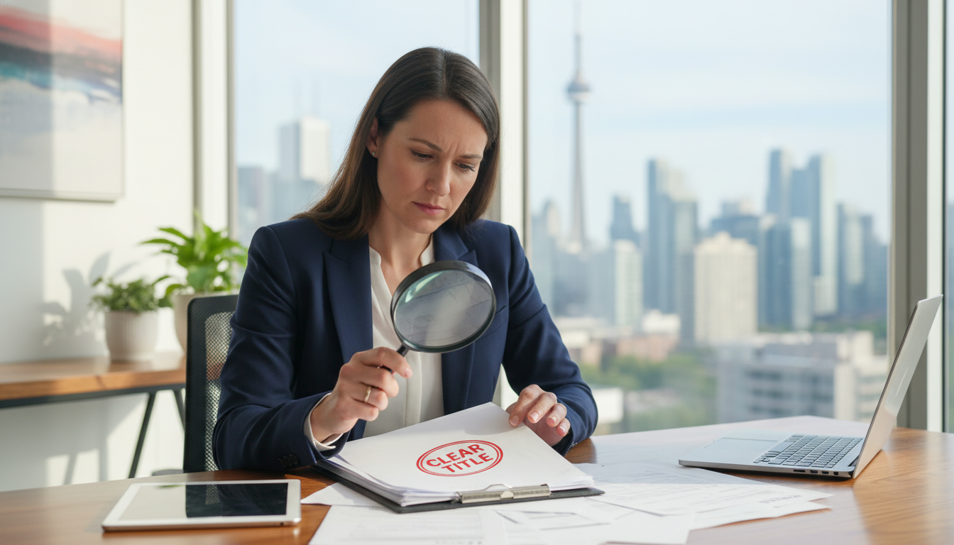 Realtor reviewing land title documents stamped 'CLEAR TITLE' with magnifying glass in a modern office with Toronto skyline.