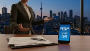Toronto skyline with mortgage documents and smartphone showing mortgage rates, representing Ontario mortgage rates and realtor advice.