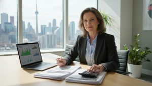 Realtor comparing mortgage offers with calculator and loan documents on a desk
