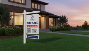 Professional For Sale sign with QR code and directional arrow in front of a suburban home
