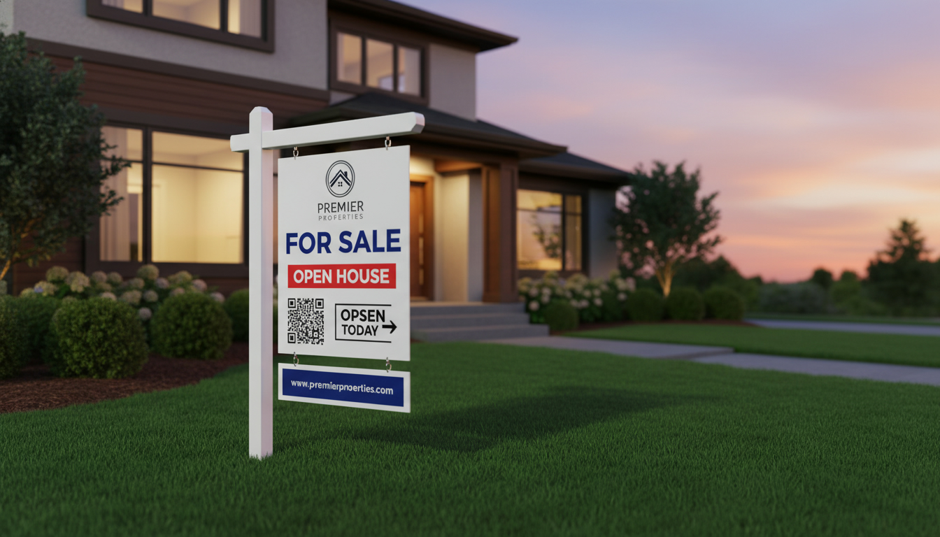 Professional For Sale sign with QR code and directional arrow in front of a suburban home