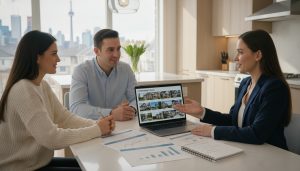 Couple and realtor discussing home selling price with market charts on laptop in modern kitchen.