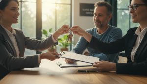 Real estate agent and lawyer handing signed deed and keys to homeowner at closing