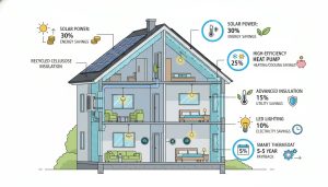Home cross-section showing insulation, smart thermostat, heat pump, LED lights, and solar panels as energy-efficient upgrades.