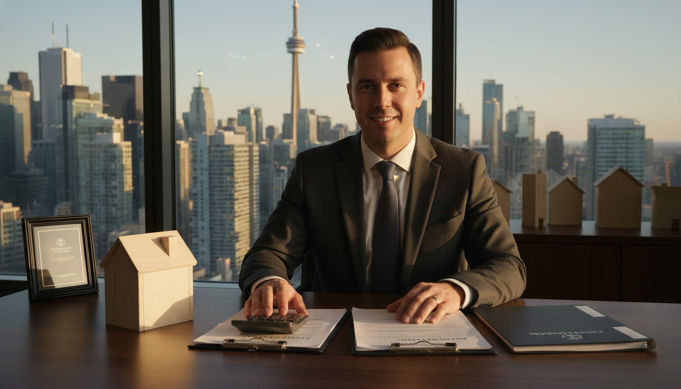 Realtor reviewing mortgage documents with calculator and model house in front of Toronto skyline.