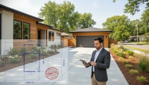 Modern home with detached garage, blueprint overlay showing setbacks and permit stamp, realtor reviewing plans on a tablet.
