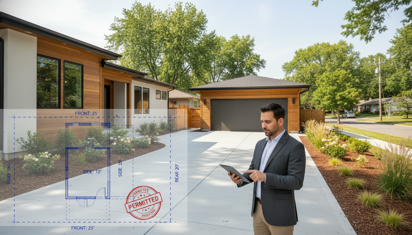Modern home with detached garage, blueprint overlay showing setbacks and permit stamp, realtor reviewing plans on a tablet.