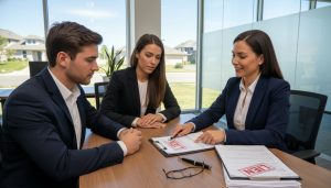 Real estate agent pointing to title documents with a red LIEN stamp over a paper in a title company office.