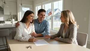Couple signing a rent-back agreement with realtor at kitchen table, sold sign visible outside