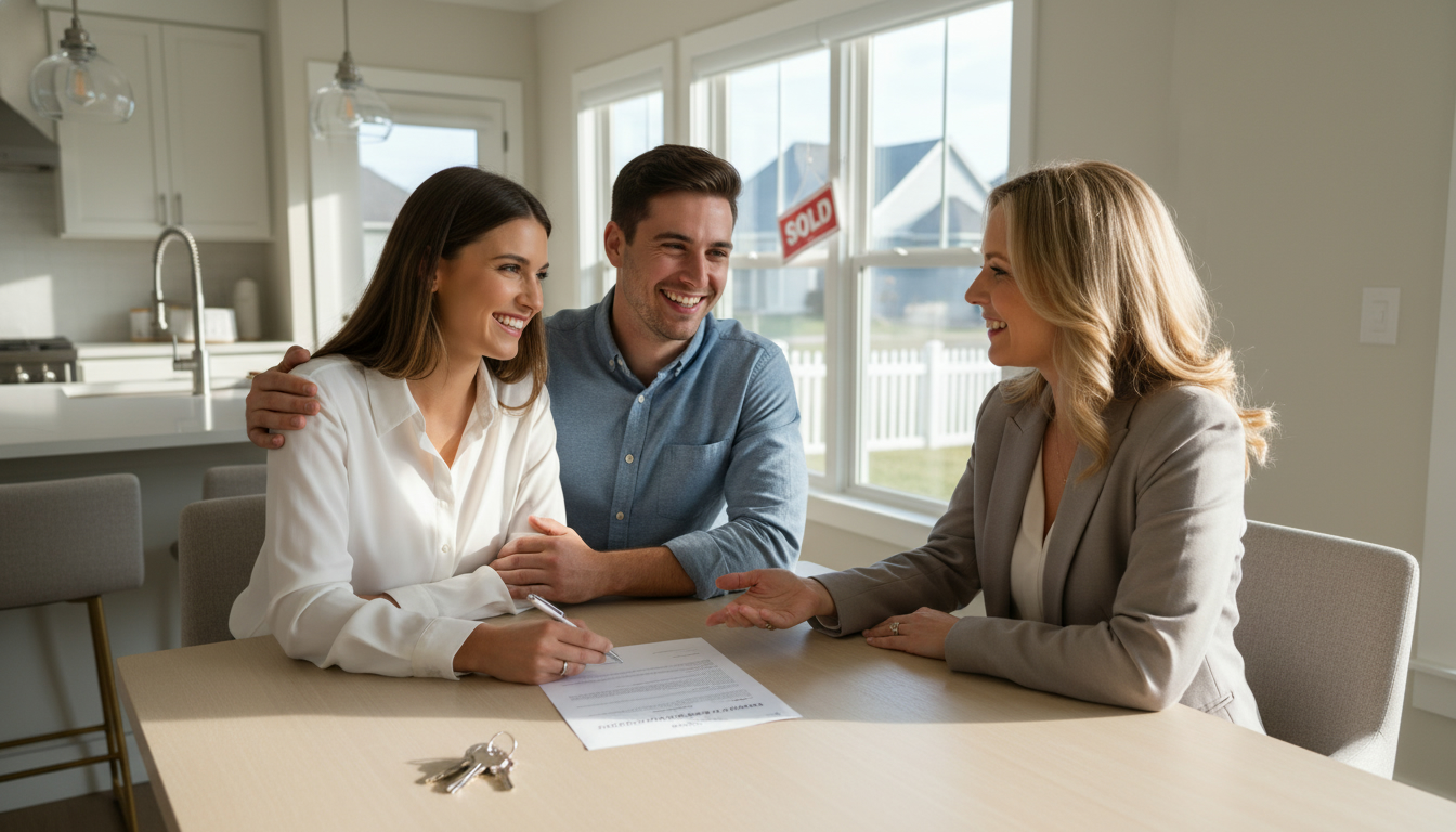 Couple signing a rent-back agreement with realtor at kitchen table, sold sign visible outside