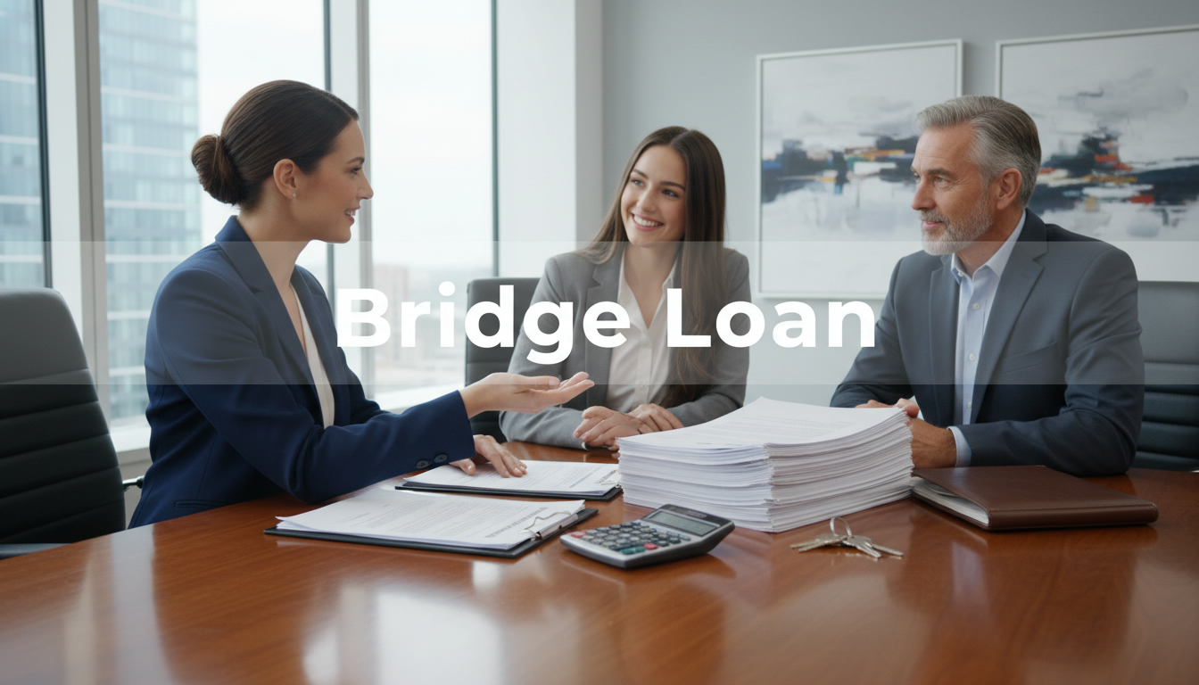 Realtor discussing bridge loan at closing table with contract, keys, and calculator