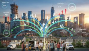 City skyline with arrows indicating migration flows and rising property demand