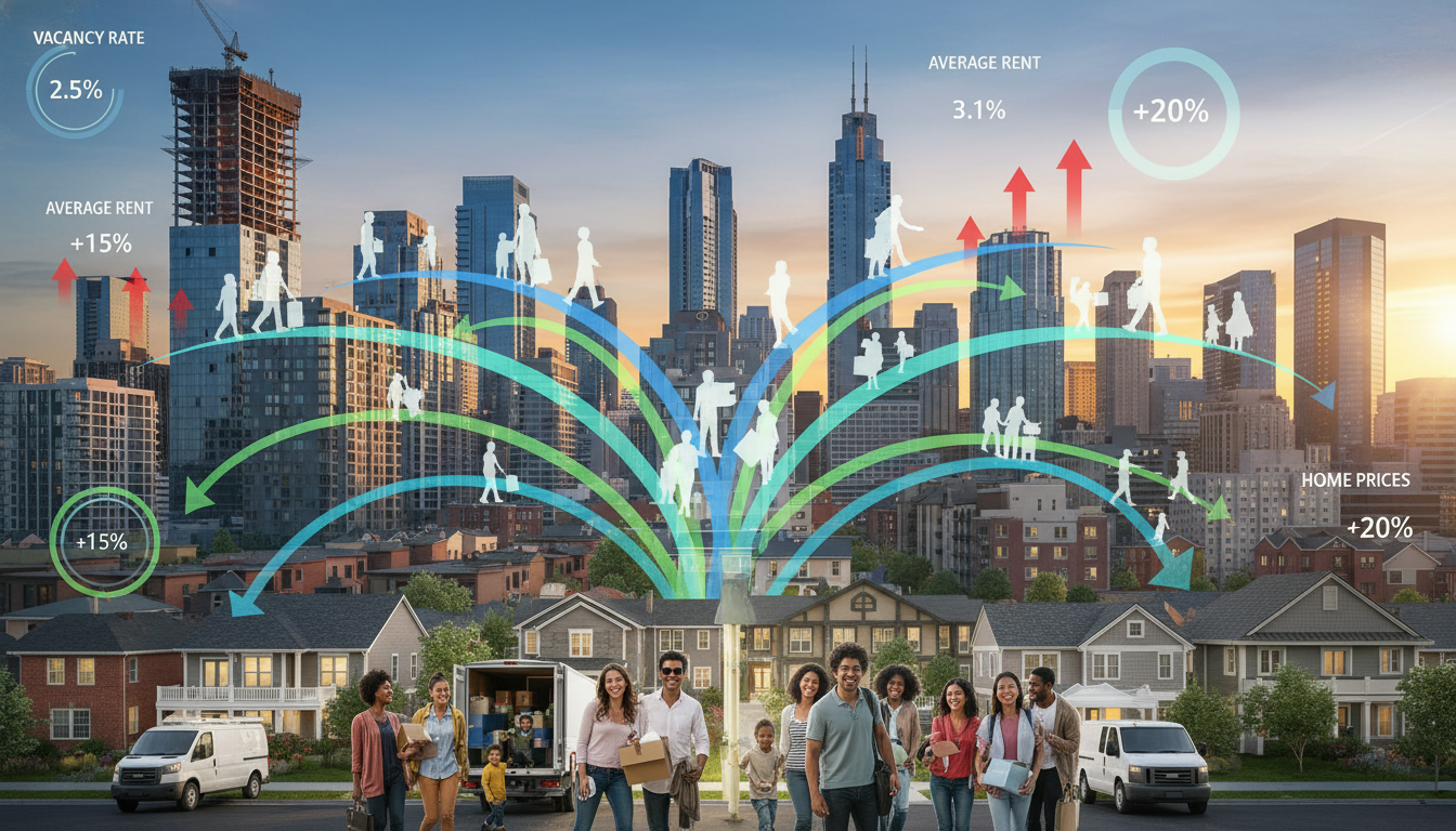 City skyline with arrows indicating migration flows and rising property demand